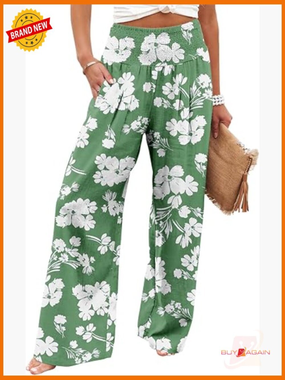 Elastic High Waisted Wide Leg Palazzo Pants with Pockets